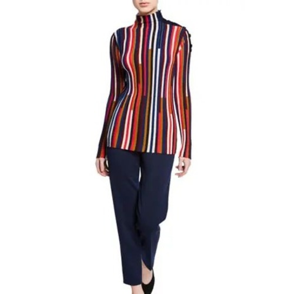 St. John Women Fine Gauge 100% Wool Knit Sweater P Multicolor Vertical Stripe